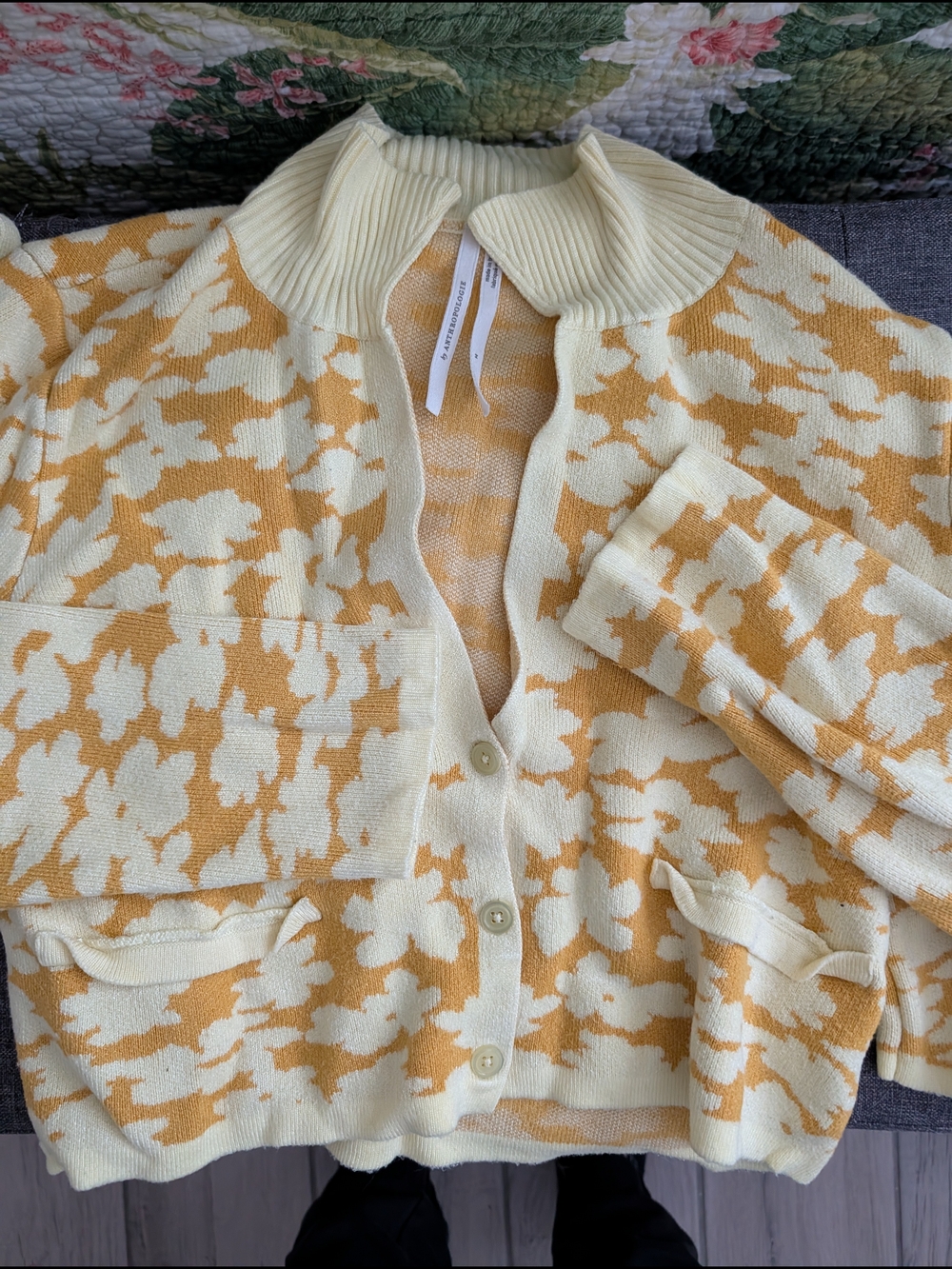 Anthropologie Pale & Mustard Yellow Floral Knit 3 Piece Lounge Set